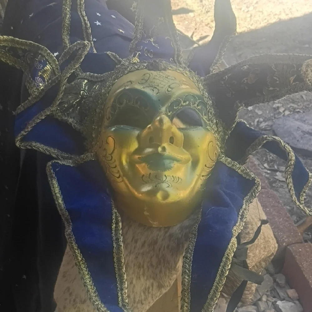 Gold Venetian Jester Mask with Navy Velvet Accents